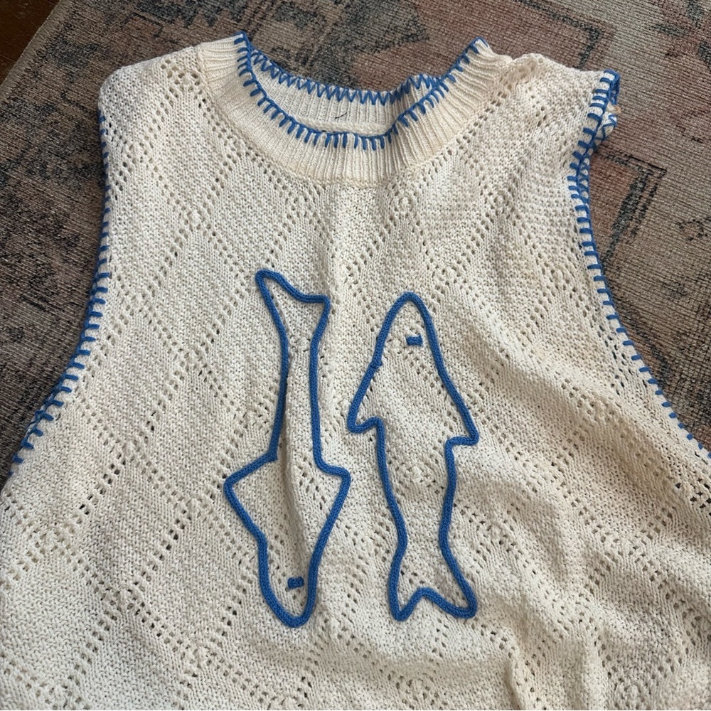 Cider Cream Knit Sleeveless Sweater Vest with Blue Trim
